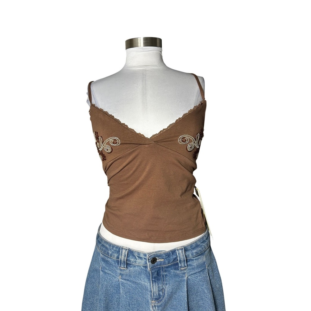 NWT Forever 21 Cami Top Medium Brown Beaded Floral Embroidery